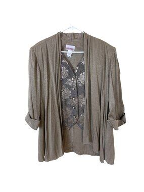 Vtg Womens Tan Open Blouse Cardigan Floral Button Vest 90s Union Made USA 1X